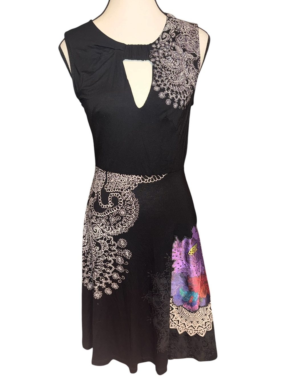Desigual Black Sleeveless Keyhole Dress with Floral Accents. Small